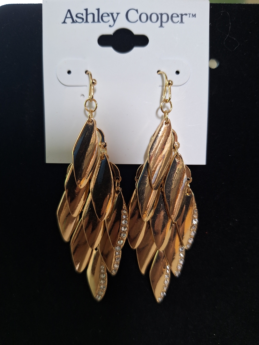 Ashley Cooper Shimmering Gold Leaf Cascade Earrings with Crystal Rows